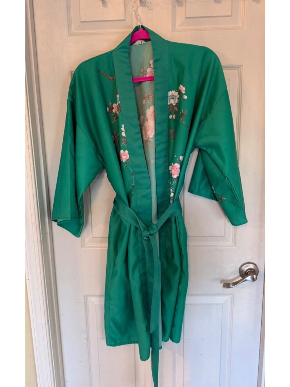 Vintage Green Cherry Blossom Short Sleeve Robe Kimono Satin Luxury One Size - Picture 3 of 8